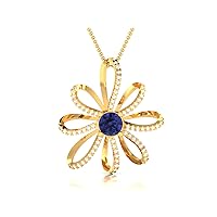Antique Flower Shape Lab Made Blue Sapphire 925 Sterling Silver Pendant Necklace with Cubic Zirconia Link Chain 18