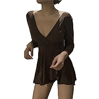 Womens Spring Summer Dress Swimsuit Knot Front V Neck Waist Tie Ruffles Long Sleeve Sexy Solid Color Swing Mini Dress