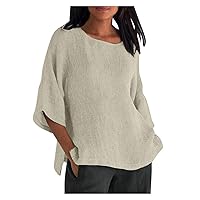 3/4 Sleeve T Shirt for Women Summer Casual Blouses Crewneck Solid Shirts Loose Tunics Cozy Cotton Linen Tee Tops