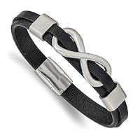 Stainless Steel Brushed & Polished Black Leather Infinity Sign Bracelet