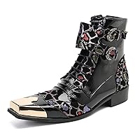 Motorcycle Boots Mens Party Dress Leather Cowboy Boot Zipper Metal Square-Toe Buckle Beaded Colorful Chelsea Comfort Casual Westen Boots
