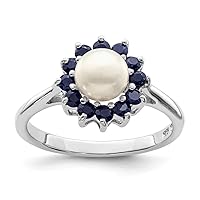 925 Sterling Silver Polished Rhodium 6mm Freshwater Cultured Cult Button Pearl and Sapphire Ring Jewelry for Women - Ring Size Options: 6 7 8