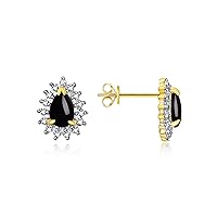 Yellow Gold Plated Sterling Silver Halo Stud Earrings - Pear Shape Cabochon Onyx & Sparkling Diamonds - 6x4mm - [Month] Birthstone Jewelry for Women & Girls, Elegant, Fashion Anniversary, by Rylos