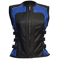 Women's Fashion Blue & Black Biker Leather Vest Sheep 5X-Large