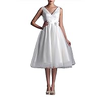 Wedding Dresses V-Neck Bridal Gowns Simple A-line Tea Length Wedding Dress Bride Short, Color Ivory,2