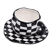 Koythin Ceramic Coffee Mug, Novelty Black and White Plaid Cup with Saucer for Office and Home, Dishwasher and Microwave Safe, 10 oz/300 ml for Latte Tea Milk (Black and White Plaid)