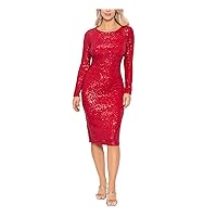 XSCAPE Womens Red Stretch Sequined Zippered Slitted Lined Long Sleeve Round Neck Midi Evening Sheath Dress 14