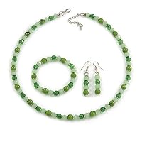 Avalaya Grass Green/Pea Green Glass/Ceramic Bead with Silver Tone Spacers Necklace/Earrings/Bracelet Set - 48cm L/ 7cm Ext