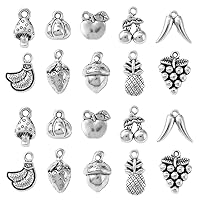 KitBeads 100pcs Antique Silver Fruit Charms Mixed Styles Banana Grape Apple Cherry Pineapple Charms Tibetan Vegetable Charms for Jewelry Making Bulk