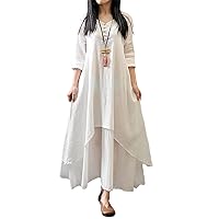 Mila Women Linen Dress Round Neck Loose Fit Midi Length Linen Dress with Short Sleeves Long Sleeves Dress