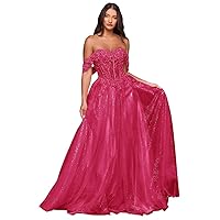 Sparkly Tulle Prom Dresses for Women Off Shoulder A Line Evening Dress Lace Appliques Glitter Formal Gown ZJF08