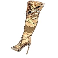 Frankie Hsu Sexy Unisex Platform Stiletto Over Knee Thigh High Long Boots, Gold Patent Peep Toe Lace Up Fashion Style, Big Large Size US4-19 Punk Shoes For Women Men