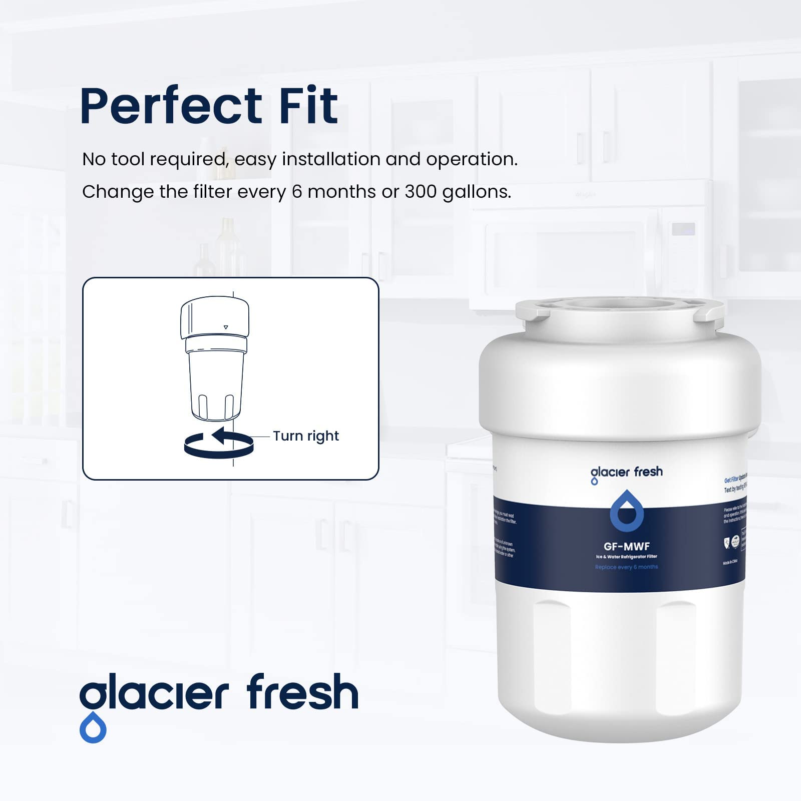 GLACIER FRESH MWF Water Filters for GE Refrigerators, NSF 42 Replacement for SmartWater MWFP, MWFA, GWF, HDX FMG-1, WFC1201, RWF1060, 197D6321P006, Kenmore 9991, 3 Pack