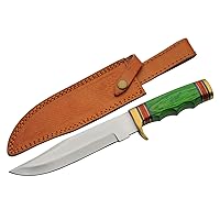 SZCO Supplies 203460 Wood Handle Grassland Outdoor Hunting/Camping Knife with Leather Sheath, Green, 12.75