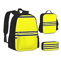 Yellow And Blue Stripes Print Backpack 3 Pcs Set Travel Hiking Lightweight Water Laptop Pencil Case Insulated Lunch Bag