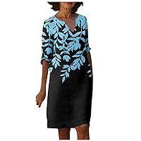 Working Shift Classic Dress for Women Mother's Day Short Sleeve Print Fit Tunic Dress V Neck Button Cotton Turquoise XL