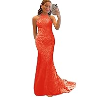 2023 Halter Neck Lace Mermaid Prom Party Gown Applique Trumpet Formal Evening Gown