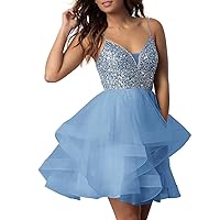 Short Homecoming Dresses Spaghetti Strap Tulle Sequins Prom Dress for Teens Mini Cocktail Dresses