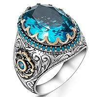 Solid 925 Sterling Silver Blue Topaz Stone Men's Ring with Turquoise Details