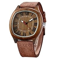 Men Wooden Bamboo Watch, Unisex Wood Case Genuine Leather Strap Analog Quartz Wristwatch with Gift Box