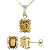 Silver City Jewelry 10K Yellow Gold Natural Octagon 8x6 mm Whisky Quartz Earrings & Pendant Set Diamond Accents