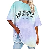 Women's Graphic Oversized Tees Fashion Letter Print Summer Tops Vintage Tie Dye Short Sleeve Loose Casual T Shirts