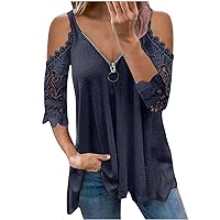 Womens Tops Hide Belly Loose Casual Lace Hollow Out Half Sleeve Zipper V-Neck Blouse Solid Color Waffle Tshirt Tunics