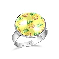 Watercolor Pineapple Yellow Background Adjustable Rings for Women Girls, Stainless Steel Open Finger Rings Jewelry Gifts