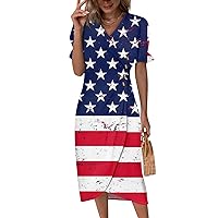 Women's 4Th of July Outfits Dresses Spring Summer Elegant Wrap V Neck Boho Dress Flowy Ruched Maxi Dress, S-3XL