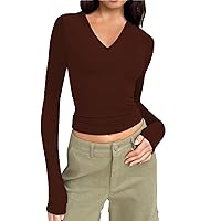 Women's T-Shirts V Neck Long Sleeve Basic Tee Slim Fitted Fall Winter Layer Tops Sexy Crop Top Undershirts Y2K Clothes A Brown