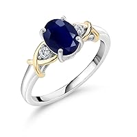 Gem Stone King 10K Yellow Gold and 925 Sterling Silver Blue Sapphire and White Lab Grown Diamond Engagement Ring For Women | 1.88 Cttw | Oval 8X6MM | Ring Size 5-9