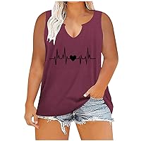Women's Heartbeat Print Tank Tops Plus Size Notch V Neck Sleeveless T-Shirt Funny Graphic Tee Vacation Casual Vest