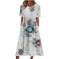 Plus Size Short Sleeve Cover Up Womens Beach Casual Summer Graphic Cotton Crew Neck with Dress for Women.