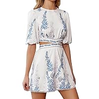 Women's Dress Plants Print Cut Out Waist Tie Back Puff Sleeve Dress Dresses for Women (Color : White, Size : XX-Small)