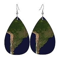 South America Satellite Image Faux Leather Earrings Lightweight Teardrop Dangle Earrings For Women Girls