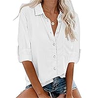 Andongnywell Women Solid Color Long Sleeve V Neck Shirts Button Down Basic Tops V-Neck Button Shirt