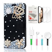 STENES Bling Wallet Luxury Phone Case Compatible with iPhone 15 Pro - Stylish - 3D Handmade Crown Flowers Floral Design Leather Cover with Screen Protector & Cable Protector - Black