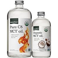 Organic Pure C8 + Organic Full Spectrum MCT Oil – USDA Organic, Non GMO, 100% Pure Coconut MCTs – Keto, Paleo, Vegan, and Kosher – 32 Oz & 16 Oz Glass Bottles