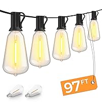 Outdoor String Lights 97Ft Waterproof Patio Lights, 45+2 Edison Shatterproof ST38 Bulbs, Hanging Dimmable LED String Lights for Outside, Porch, Patio, Yard, Bistro, 2200K