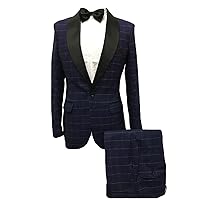 Men Shawl Collar Royal Blue Plaid Dress Suits (Jacket+Pants+Bowtie)