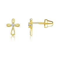 Girl's 14K Gold-Plated or Sterling Silver Infinity Cross Earring with CZ and Screw Back