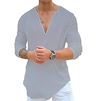 Men's Linen Cotton Top Casual V Neck 3/4 Sleeve T Shirt Hippie Beach Long Sleeves Top Shirt