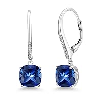 Gem Stone King 925 Sterling Silver Blue Created Sapphire and White Diamond Earrings For Women (5.10 Cttw, Cushion 8MM)