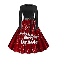 XJYIOEWT Fiesta Dress for Women,Womens Retro Large Swing Skirt with Printed Lace Up Long Sleeved Round Neck Casual Women