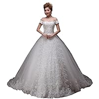 Flat Shoulder Lace Ball Gown Bride Train Wedding Dress Custom Size
