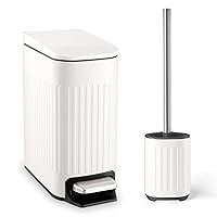 Bathroom Trash Can with Toilet Brush - 1.6 Gallon Slim Stainless Steel Garbage Can, Small Wastebasket for Bathroom, Office, Bedroom, Silicone Toilet Brush Included, White