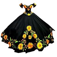 Sexy Sunflowers Embroidery Ball Gown Off The Shoulder Sweetheart Satin Corset Back Prom Quinceanera Dresses Charro Mexican XV Satin in Black 0