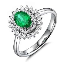 Fashion Style 14K Solid White Gold Green Emerald Gemstone and Diamond Accent Wedding Engagement For Women Ring Set