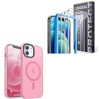 CANSHN Magnetic Designed for iPhone 12/12 Pro Case Pink + 3 Pack Screen Protector for iPhone 12 and iPhone 12 Pro Tempered Glass with Easy Installation Frame - 6.1 Inch