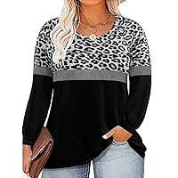 RITERA Plus Size Tops for Women Fall Long Sleeve Shirt Colorblock Tunics Leopard Print Tshirt Casual Blouses Pullover Leopard-Grey-Leopard 4XL